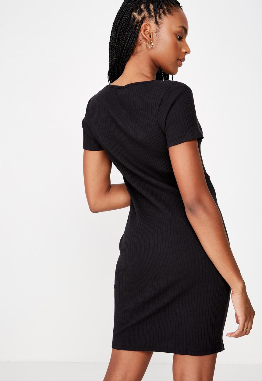 Factorie - Button thru short sleeve rib dress - black