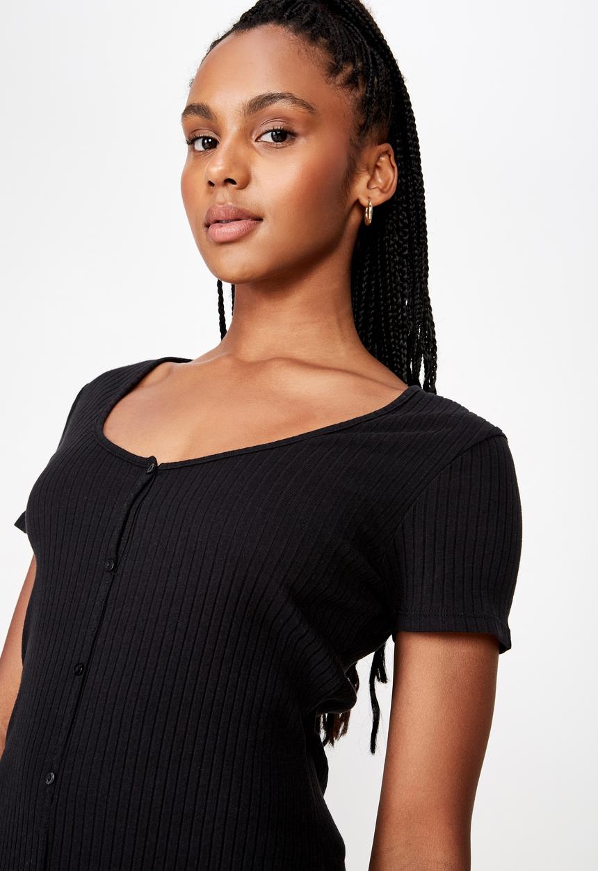Factorie - Button thru short sleeve rib dress - black