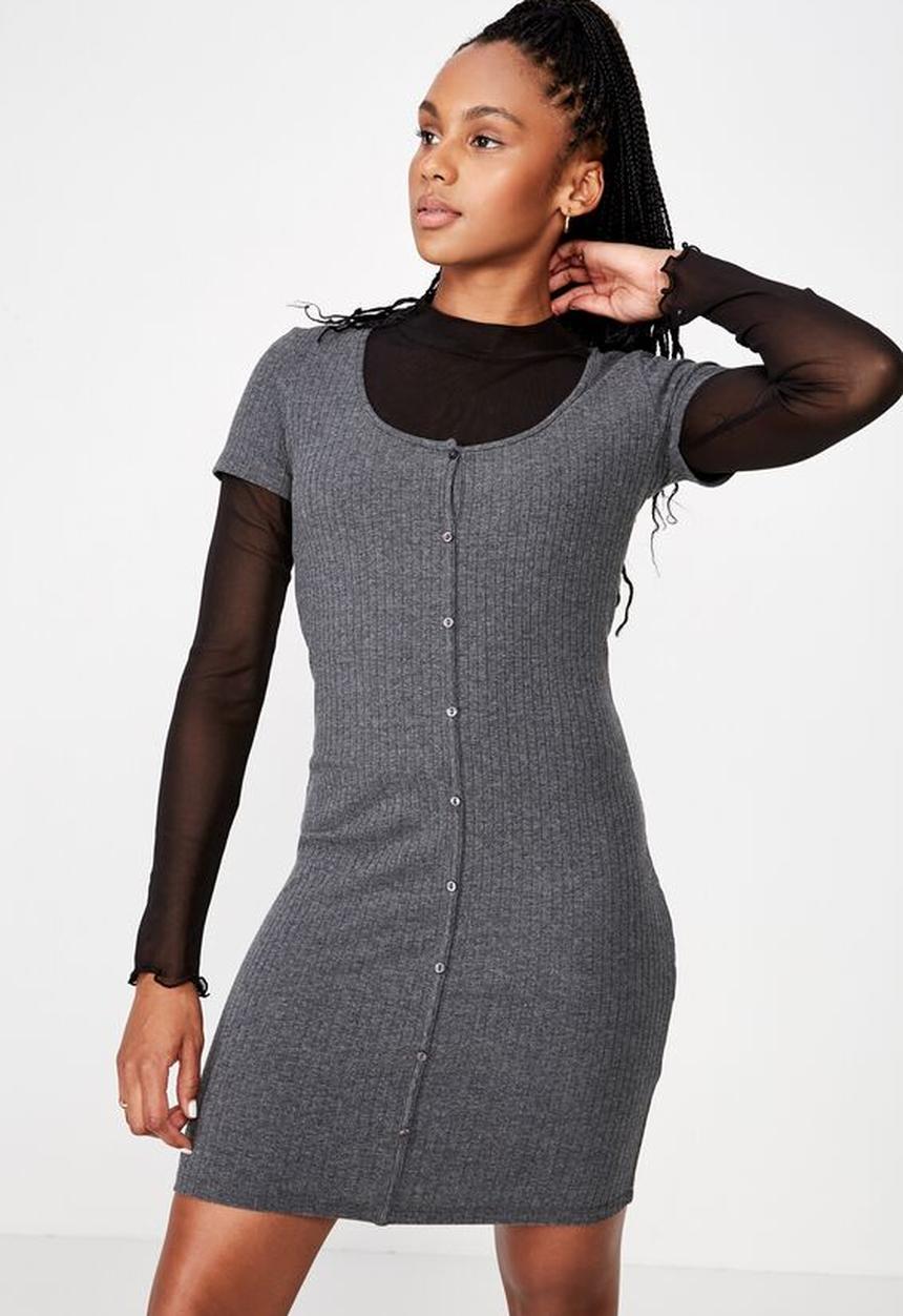 Factorie - Button thru short sleeve rib dress - charcoal 