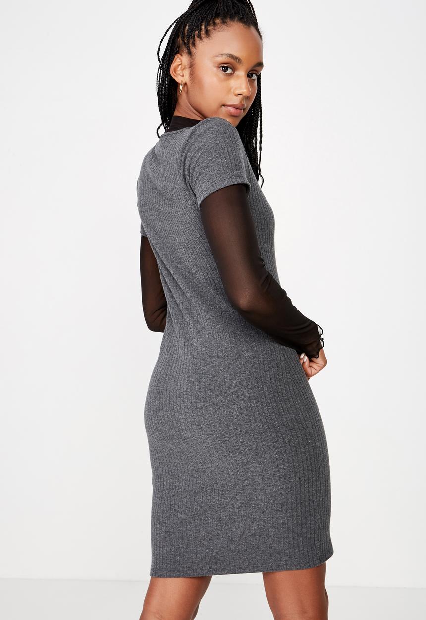 Factorie - Button thru short sleeve rib dress - charcoal 