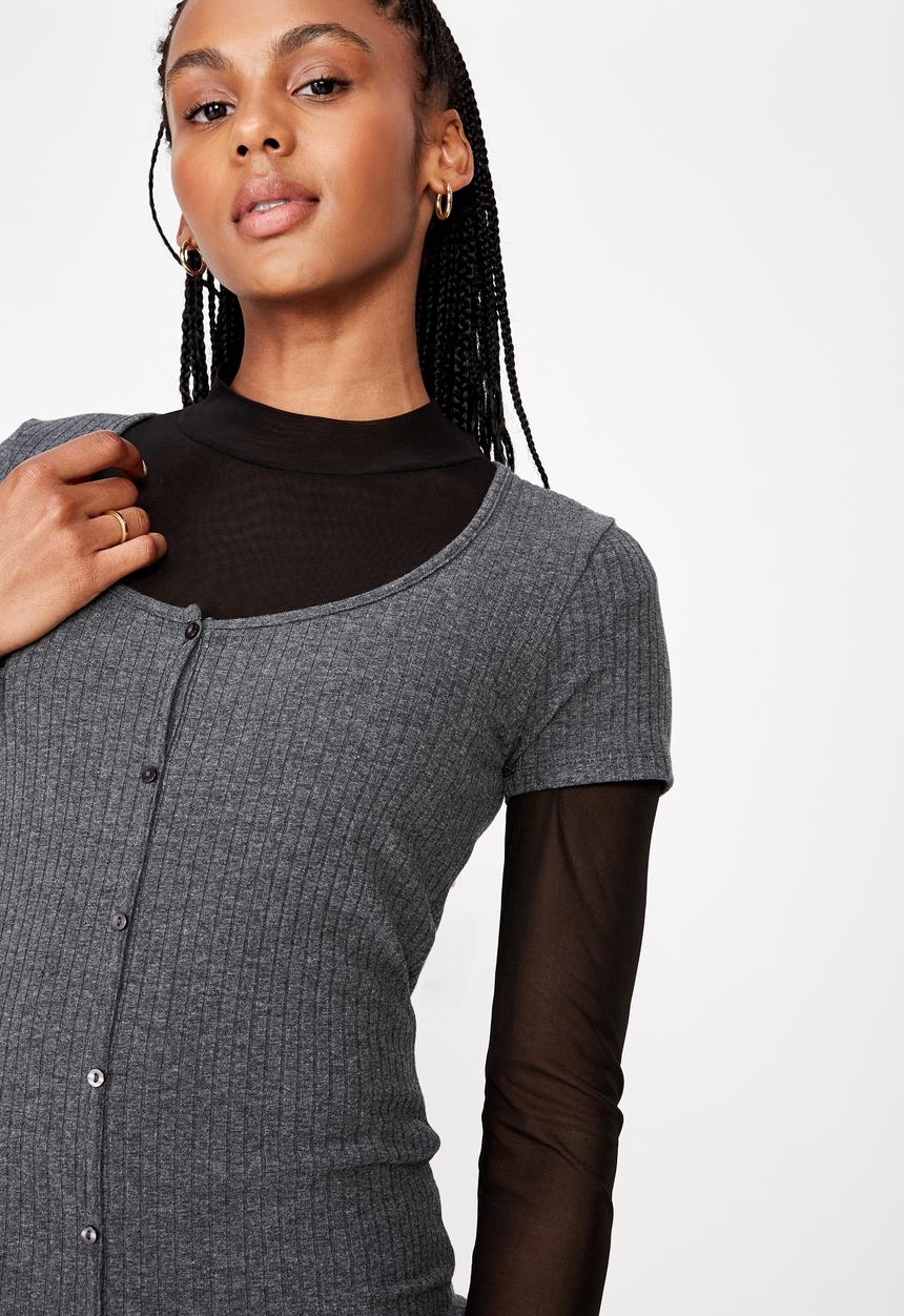 Factorie - Button thru short sleeve rib dress - charcoal 