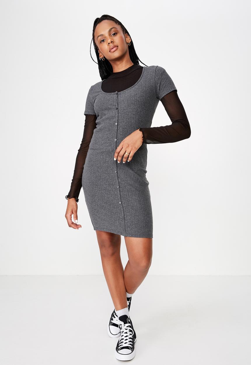 Factorie - Button thru short sleeve rib dress - charcoal 