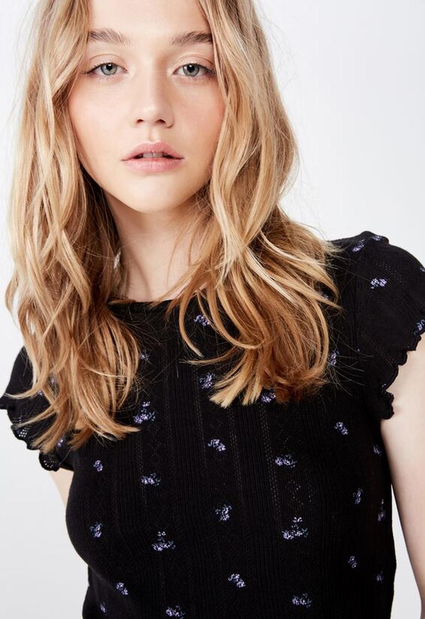 Factorie - Short sleeve pointelle top - black 