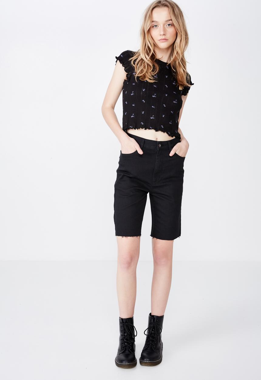 Factorie - Short sleeve pointelle top - black 
