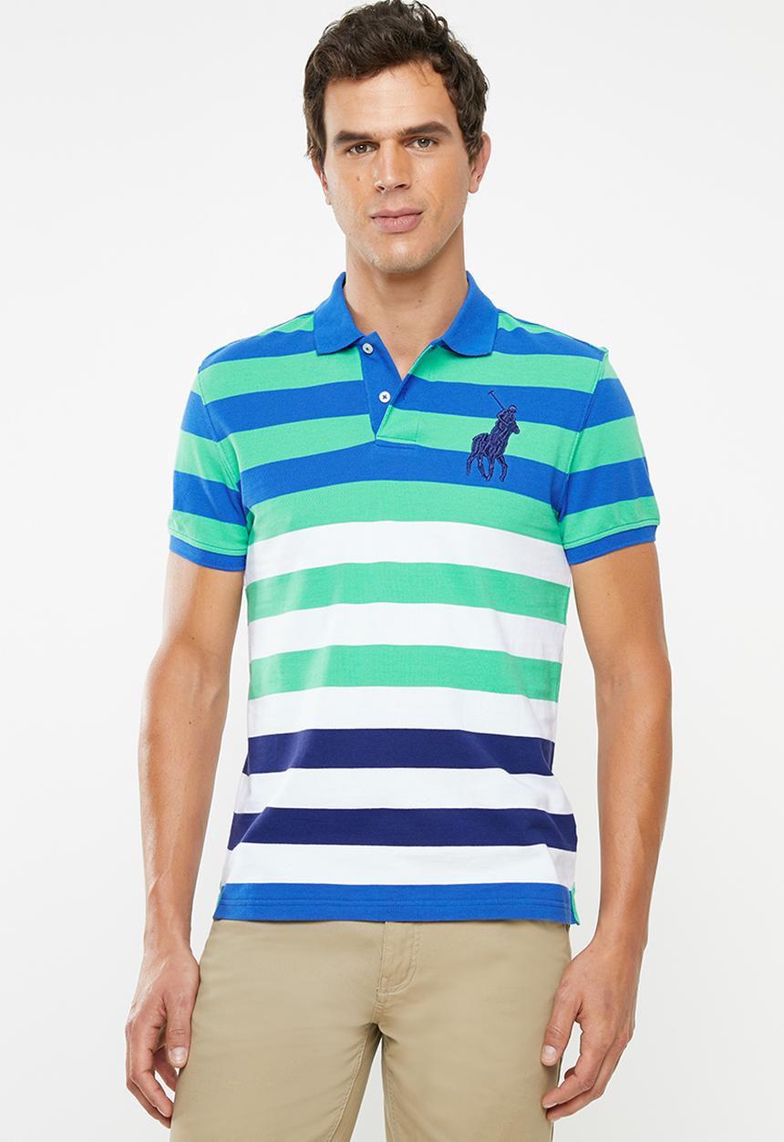 POLO - David custom fit short sleeve engineered stripe golfer - green & blue 