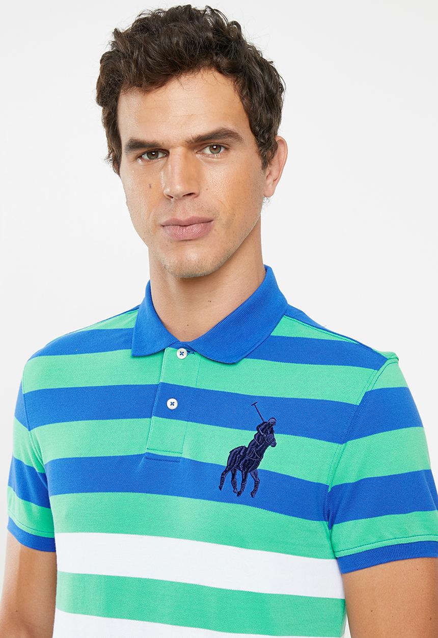 POLO - David custom fit short sleeve engineered stripe golfer - green & blue 