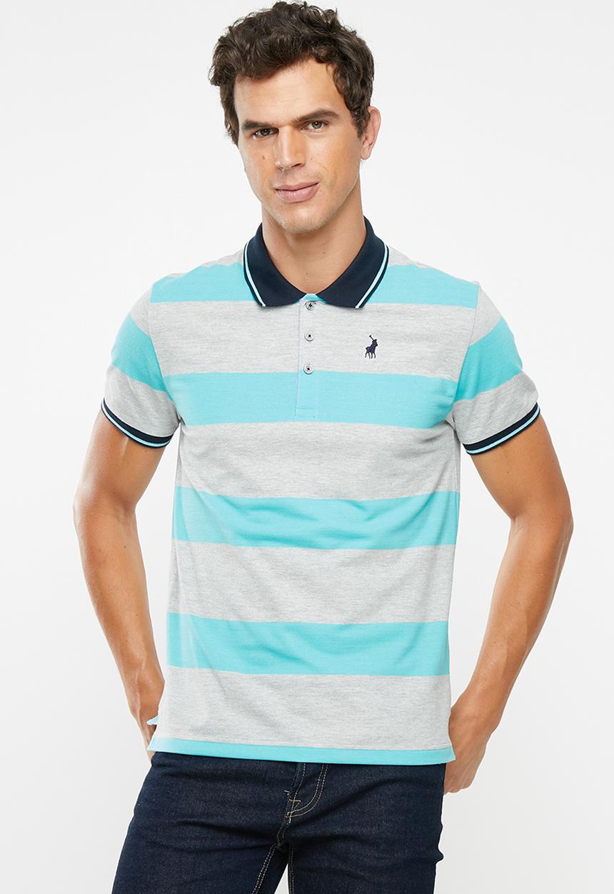 POLO - Matthew custom fit short sleeve feeder stripe golfer - blue & grey 