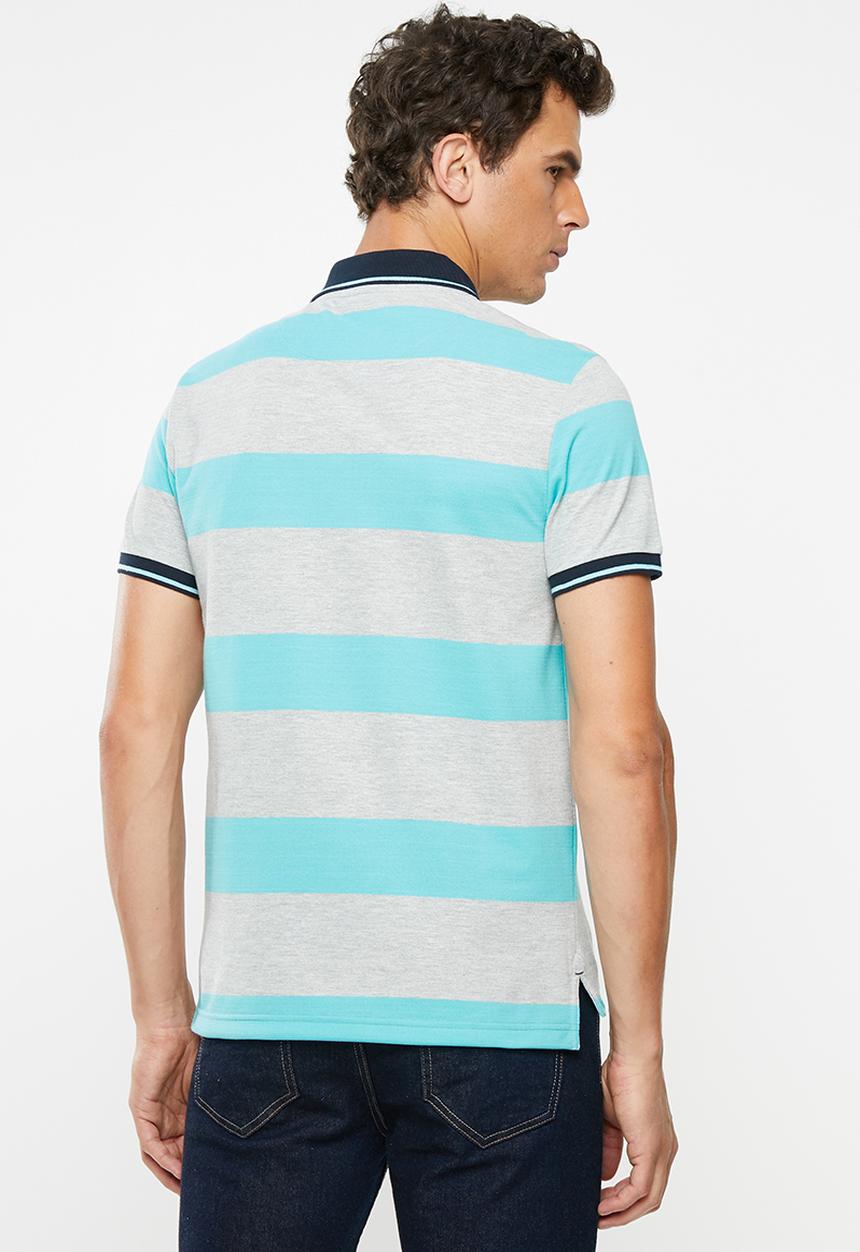 POLO - Matthew custom fit short sleeve feeder stripe golfer - blue & grey 