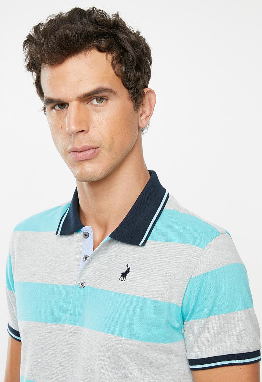 POLO - Matthew custom fit short sleeve feeder stripe golfer - blue & grey 