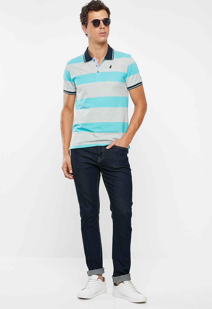 POLO - Matthew custom fit short sleeve feeder stripe golfer - blue & grey 