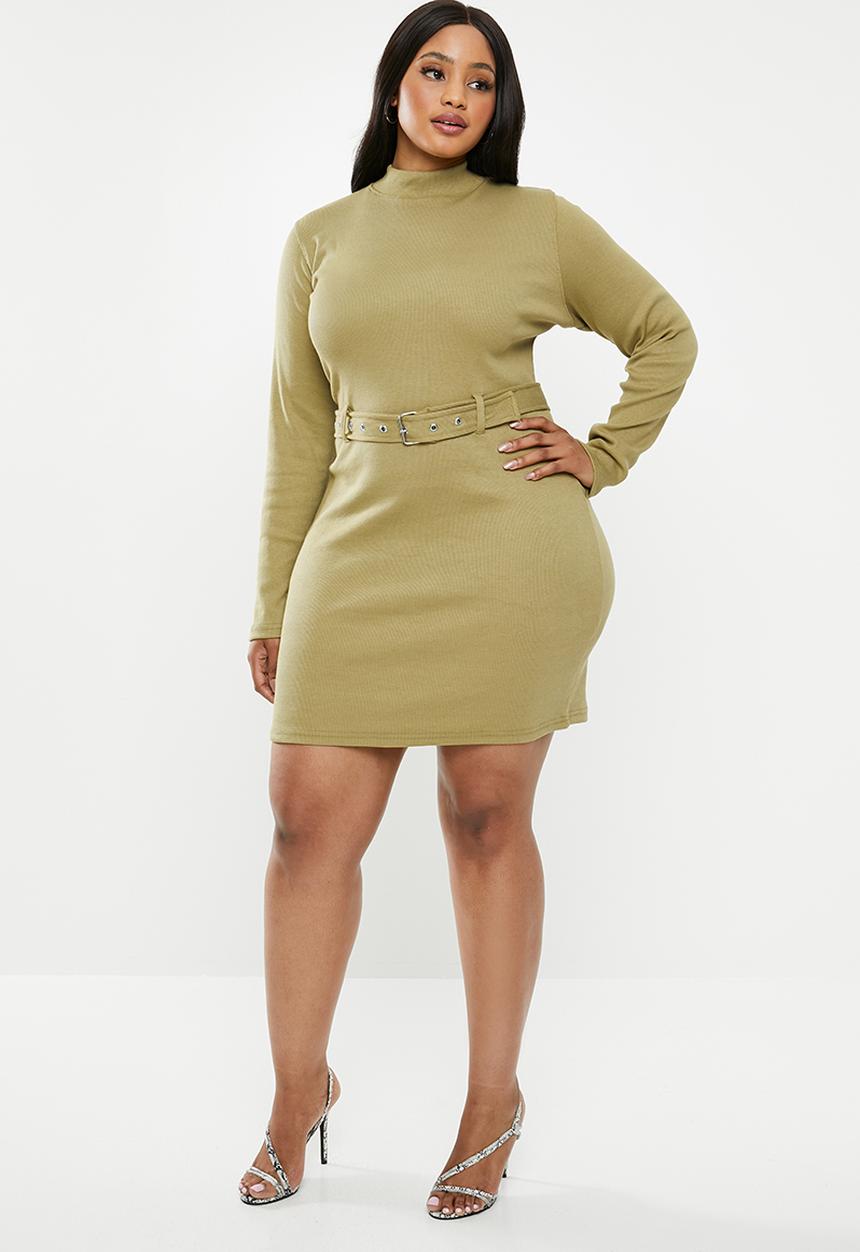 Missguided - Plus roll neck rib belted long sleeve mini dress - khaki