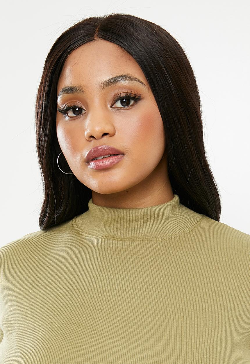 Missguided - Plus roll neck rib belted long sleeve mini dress - khaki