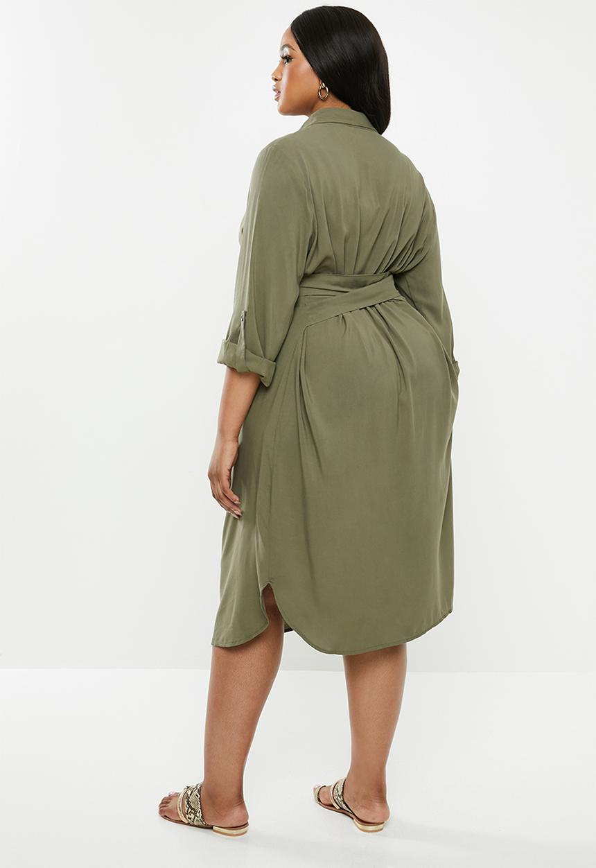 edit Plus - Tie front button through dress - khaki