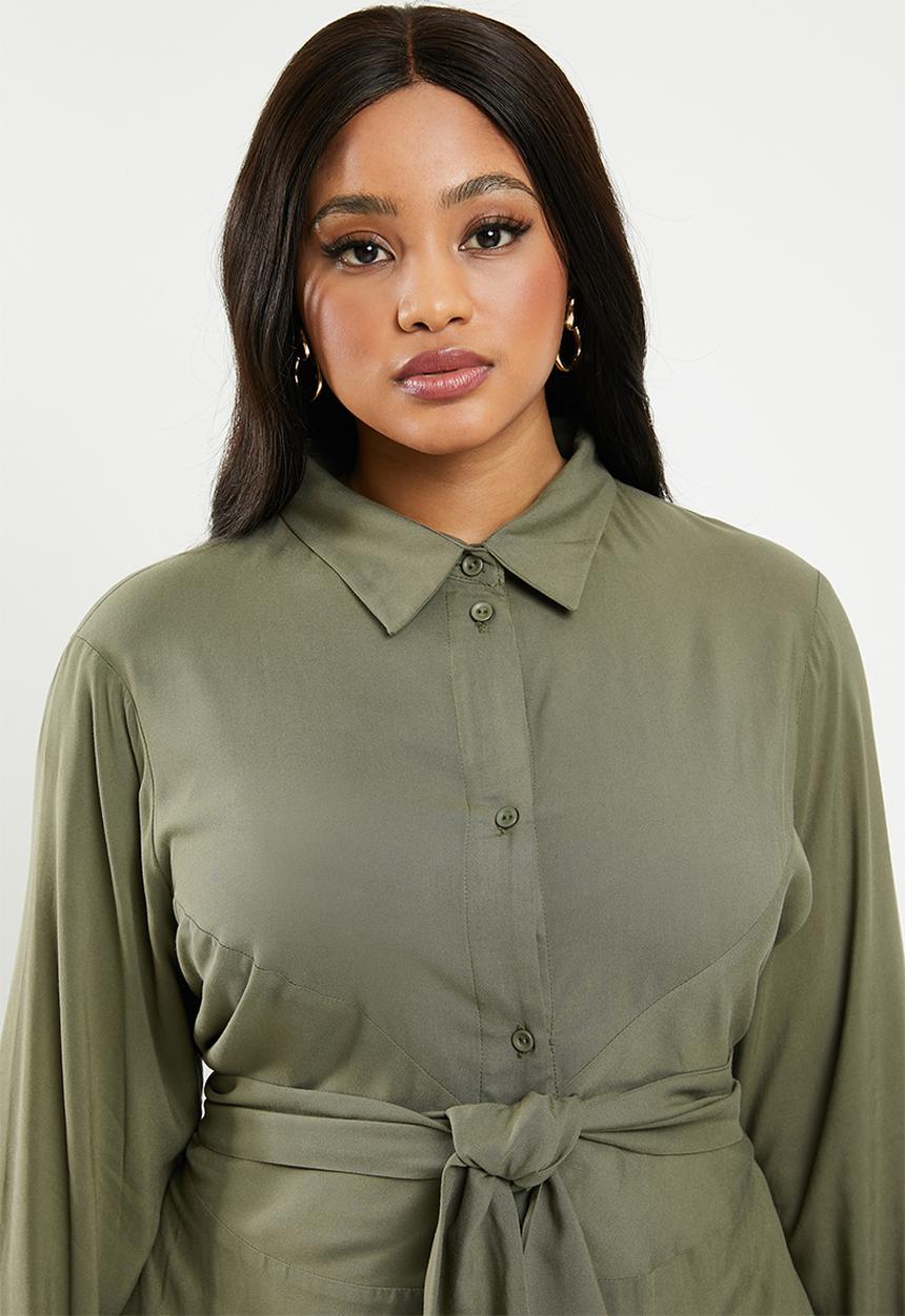 edit Plus - Tie front button through dress - khaki