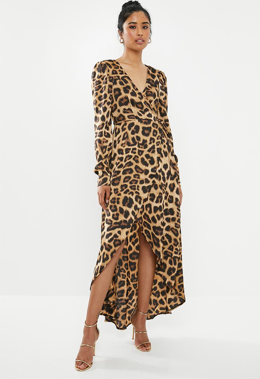 Missguided - High low wrap midi dress ls leopard - mutli 