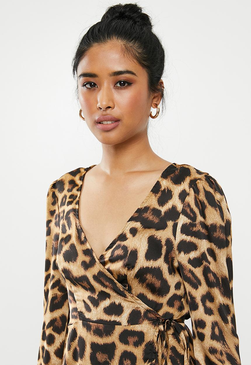 Missguided - High low wrap midi dress ls leopard - mutli 