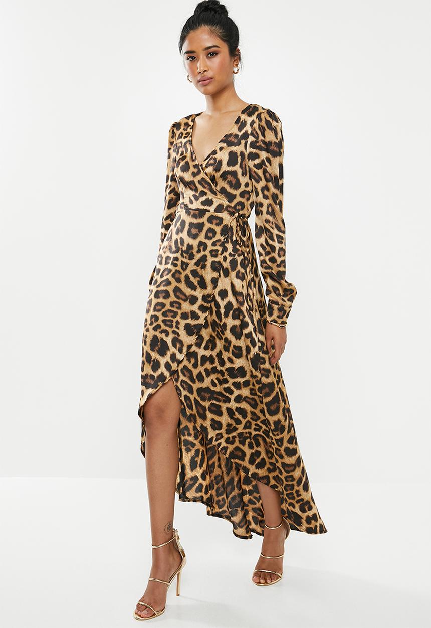 Missguided - High low wrap midi dress ls leopard - mutli 