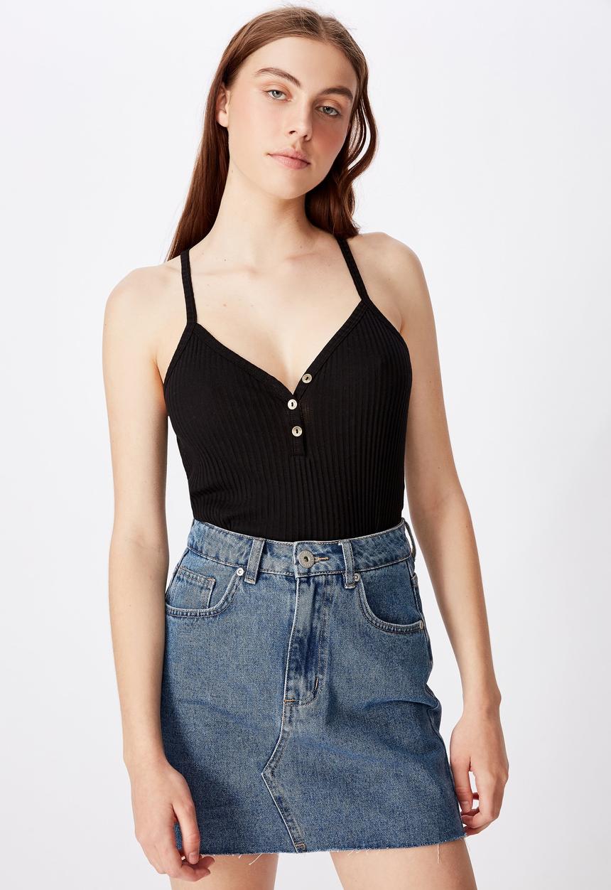 Cotton On - Textured henley racer back singlet - black