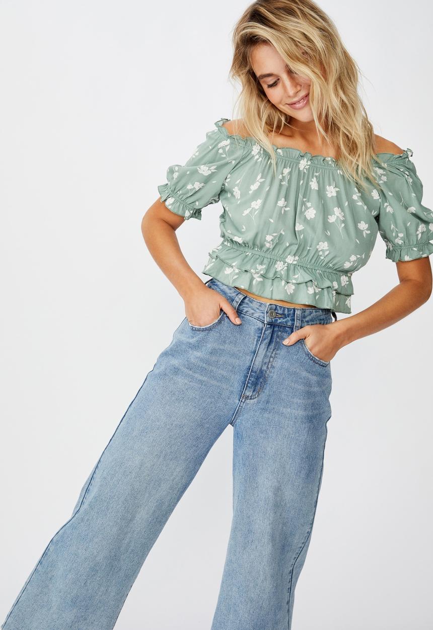Cotton On - Prairie frill short sleeve blouse - green & white 