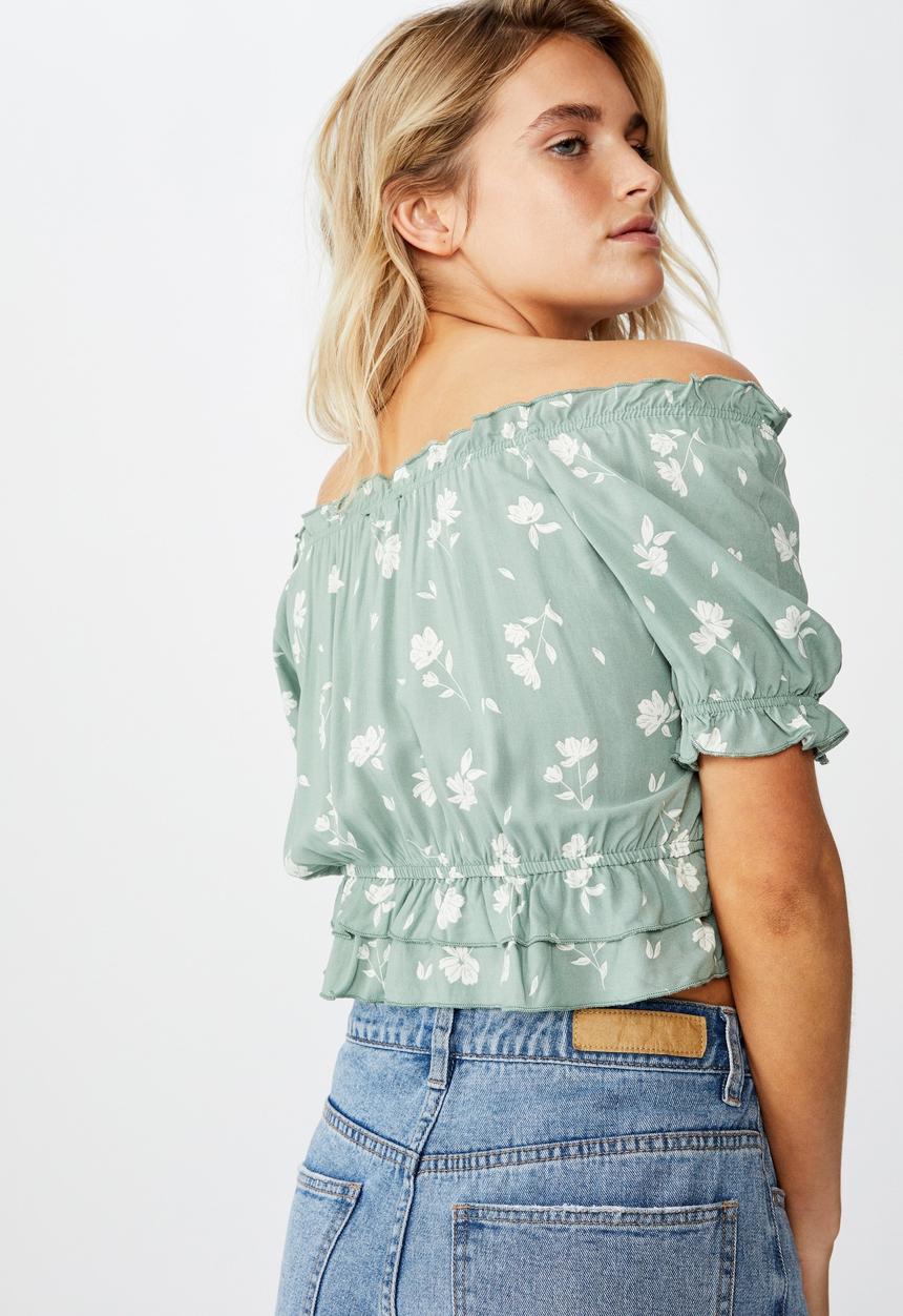 Cotton On - Prairie frill short sleeve blouse - green & white 