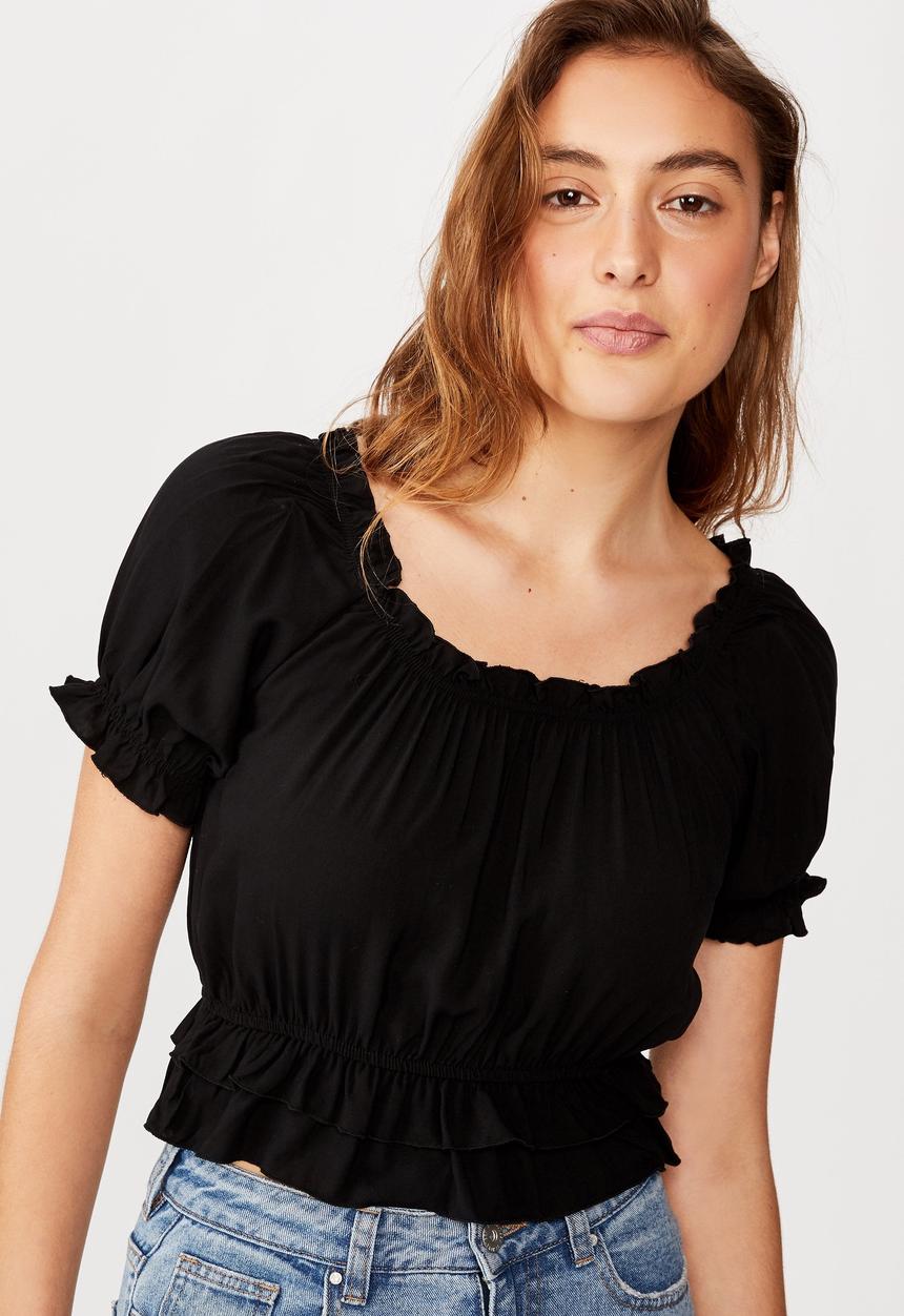 Cotton On - Prairie frill short sleeve blouse - black