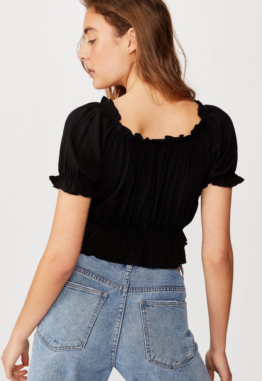 Cotton On - Prairie frill short sleeve blouse - black