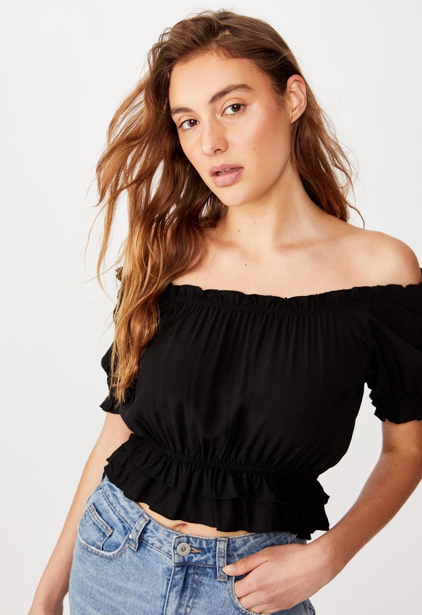 Cotton On - Prairie frill short sleeve blouse - black