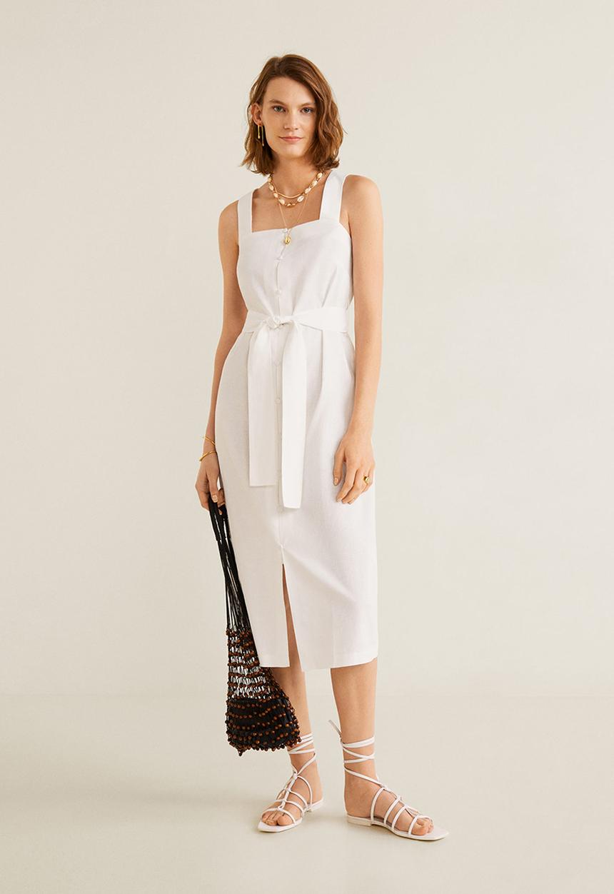 MANGO - Megan linen strap dress - white