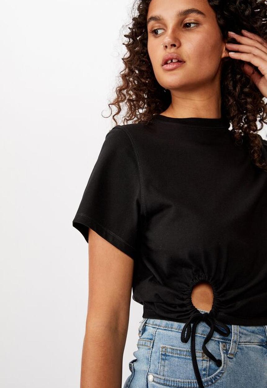 Cotton On - Franklin keyhole tie front short sleeve top - black
