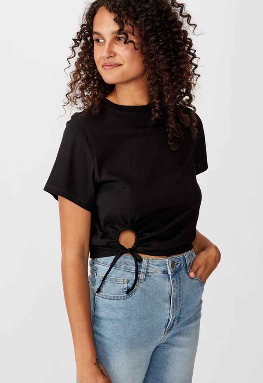 Cotton On - Franklin keyhole tie front short sleeve top - black