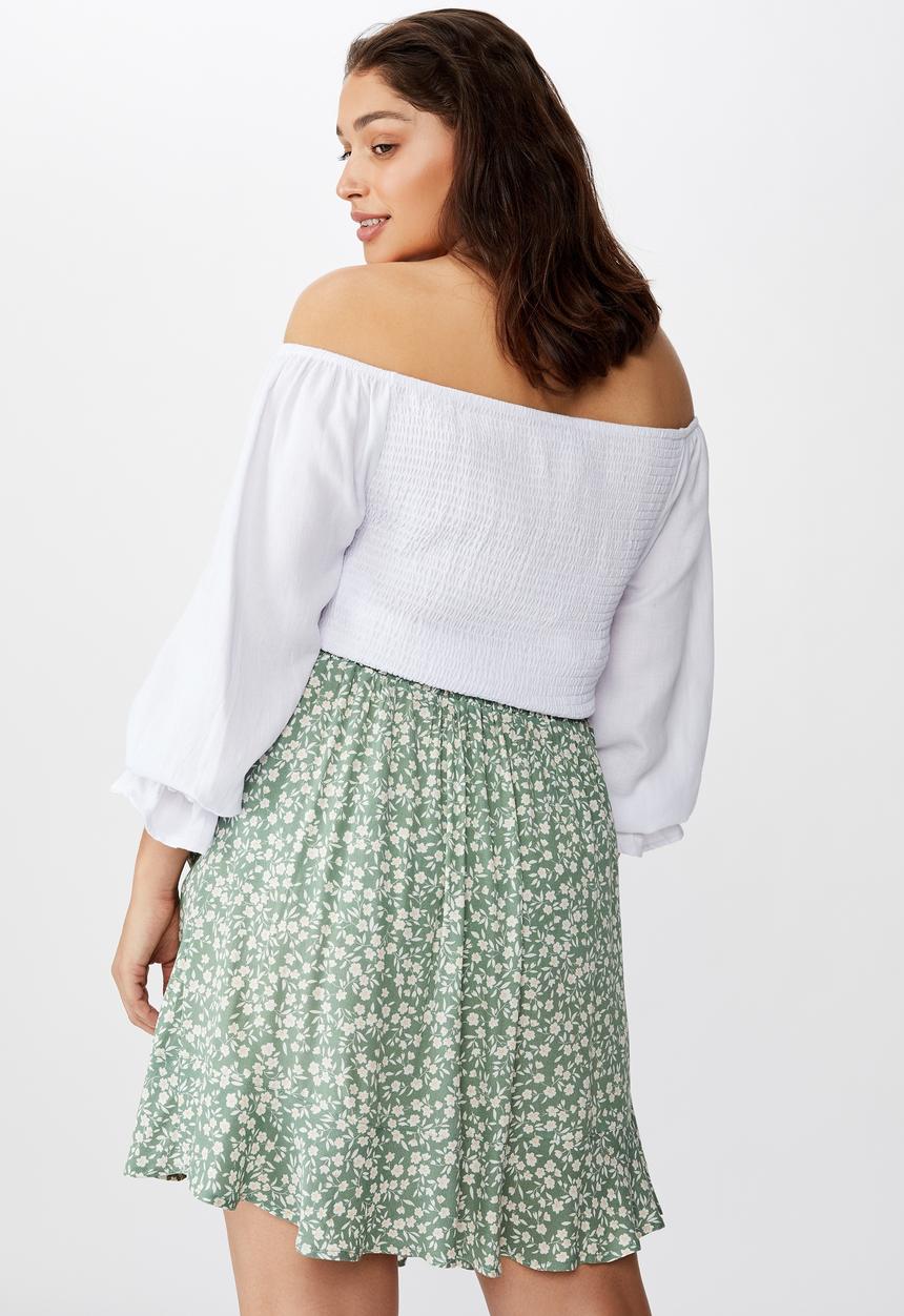 Cotton On - Curve woven coco ruched mini skirt - green & white 