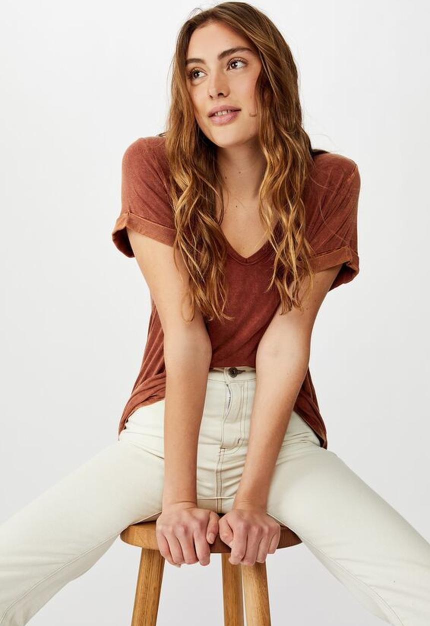 Cotton On - Karly short sleeve v neck top - rust