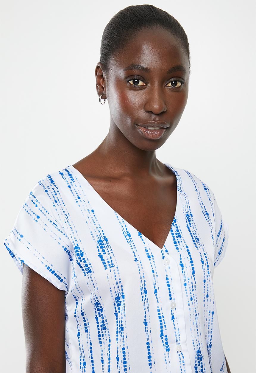 Superbalist - Flute sleeve button down blouse - white & blue 