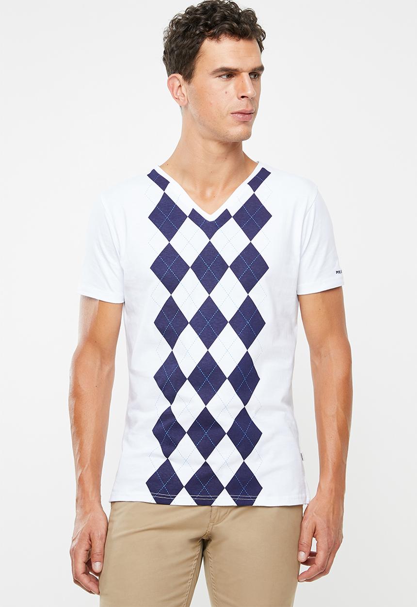 Pringle of Scotland - Begg tartan v-neck tee - white & navy 