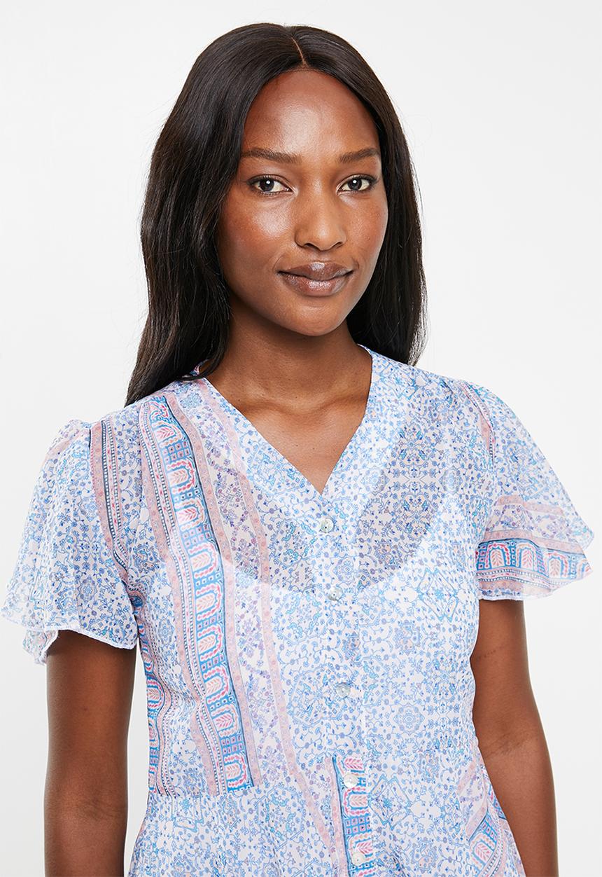 edit - Flutter sleeve button down blouse - multi