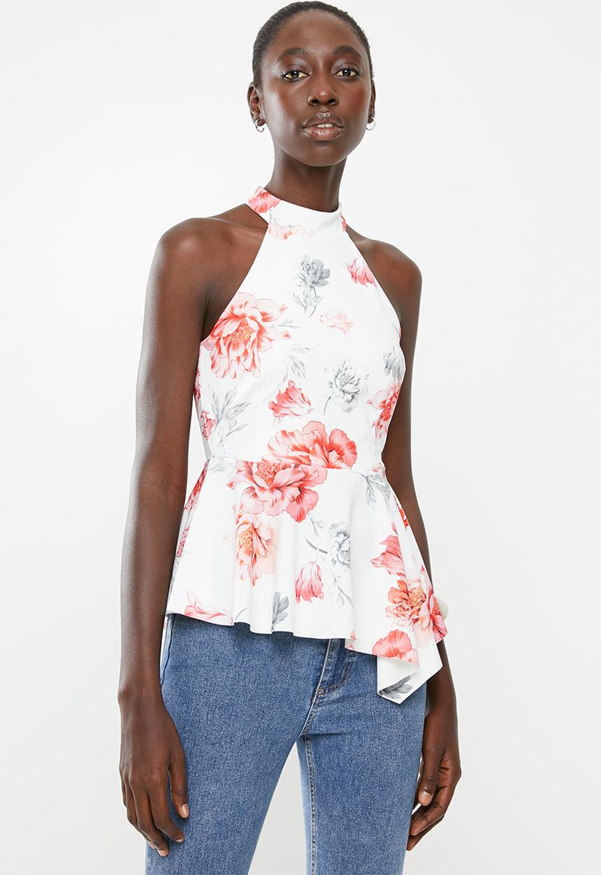 New Look - Agnes peplum top - white & coral
