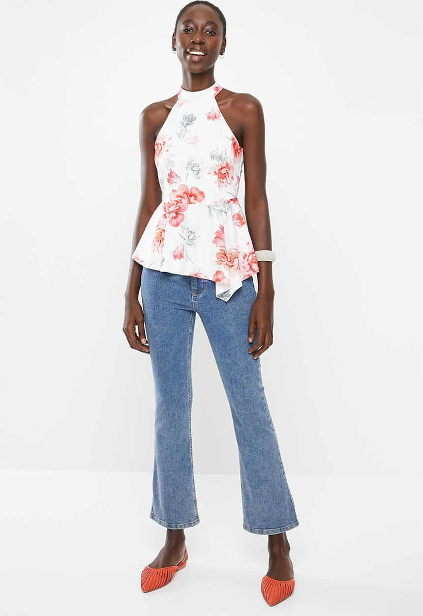 New Look - Agnes peplum top - white & coral