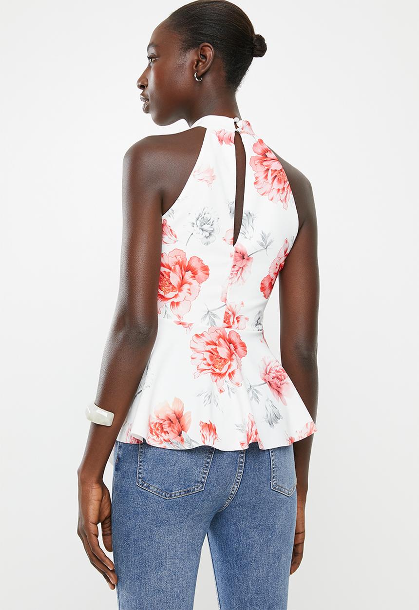 New Look - Agnes peplum top - white & coral