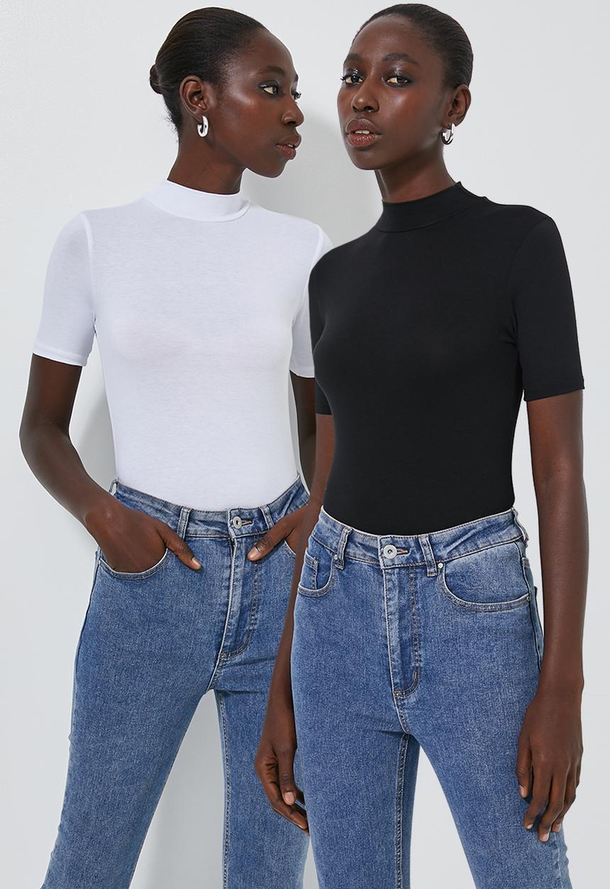Superbalist - 2 Pack fitted high neck funnel neck tee - white & black