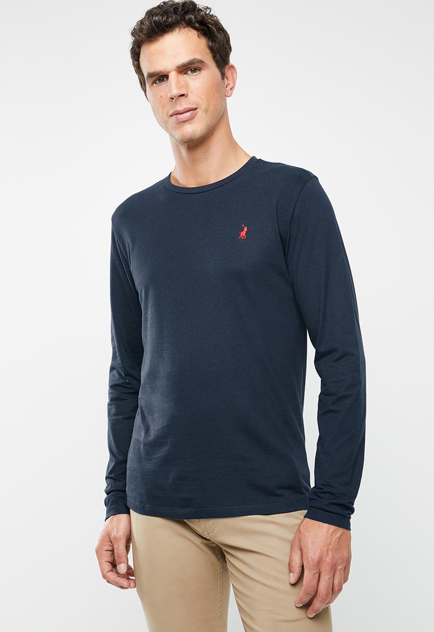 POLO - William self stripe long sleeve V-neck T-shirt - navy