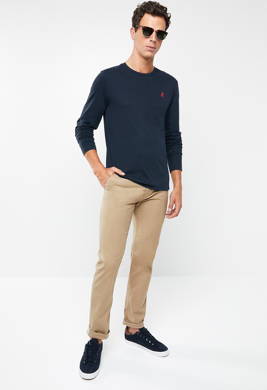 POLO - William self stripe long sleeve V-neck T-shirt - navy