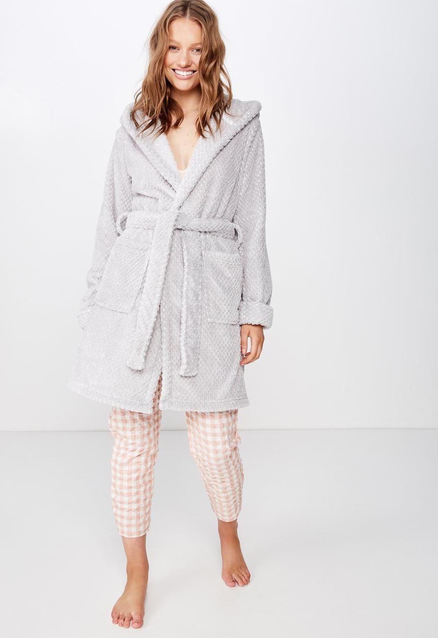 Cotton On - Hooded luxe plush gown - light grey marle textured