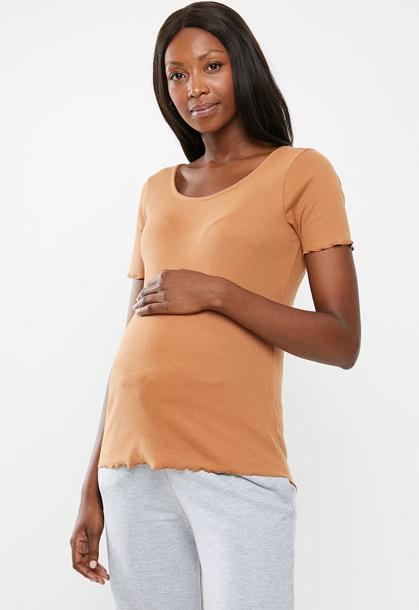 Cotton On - Maternity lettuce edge scoop short sleeve top - beige