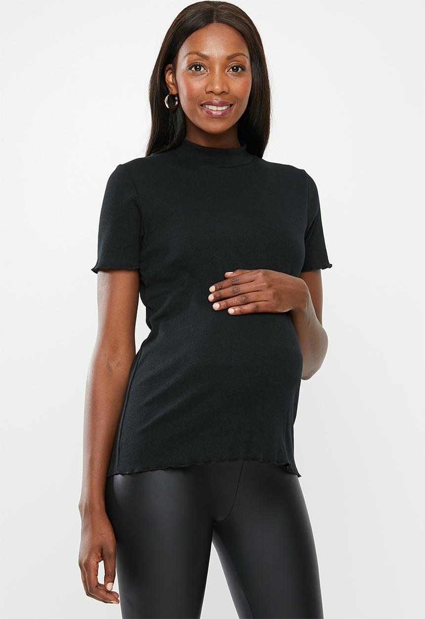Cotton On - Maternity lettuce edge mock neck short sleeve top - black