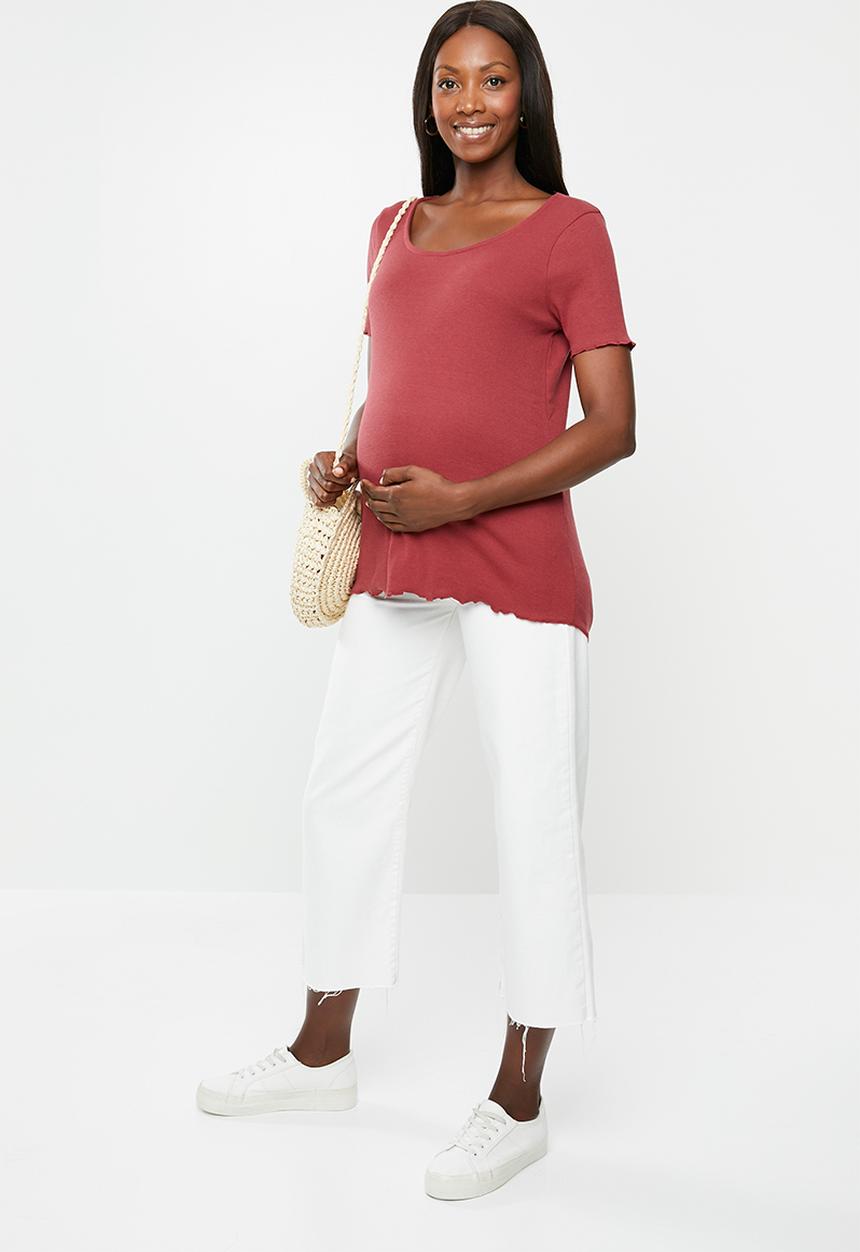 Cotton On - Maternity lettuce edge scoop short sleeve top - dark garnet