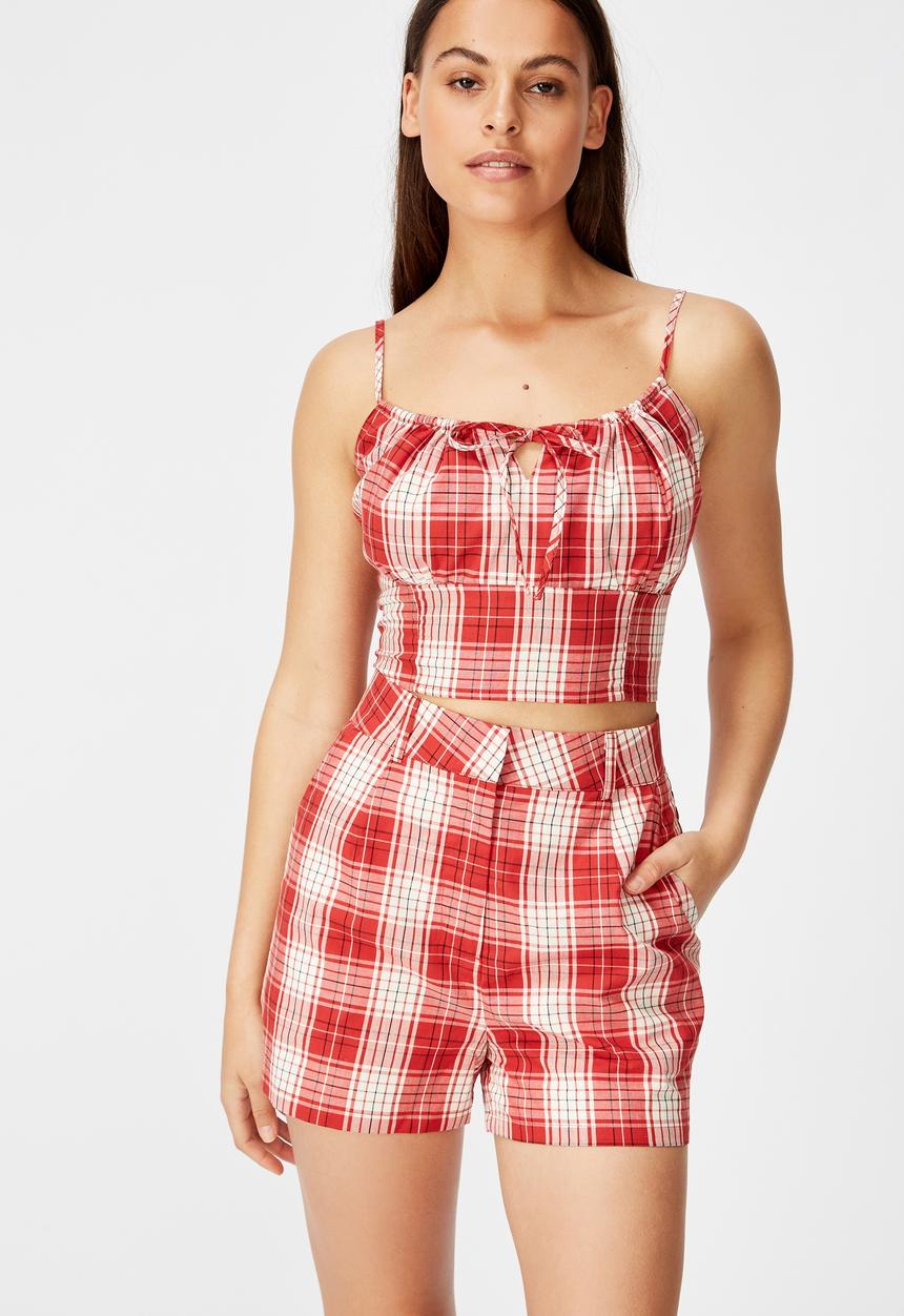 Factorie - Tie front crop top bailey check - red