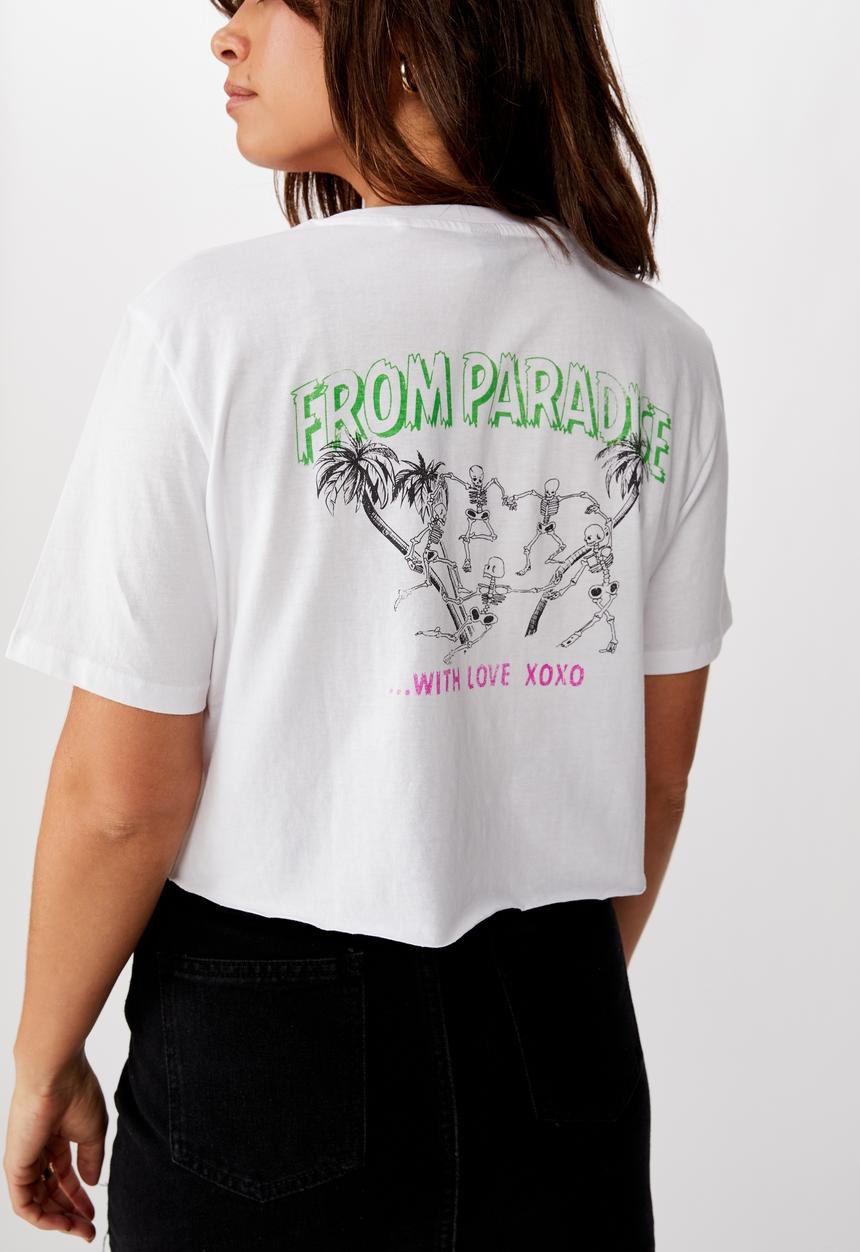 Factorie - Short sleeve raw edge crop t shirt skeleton paradise - white