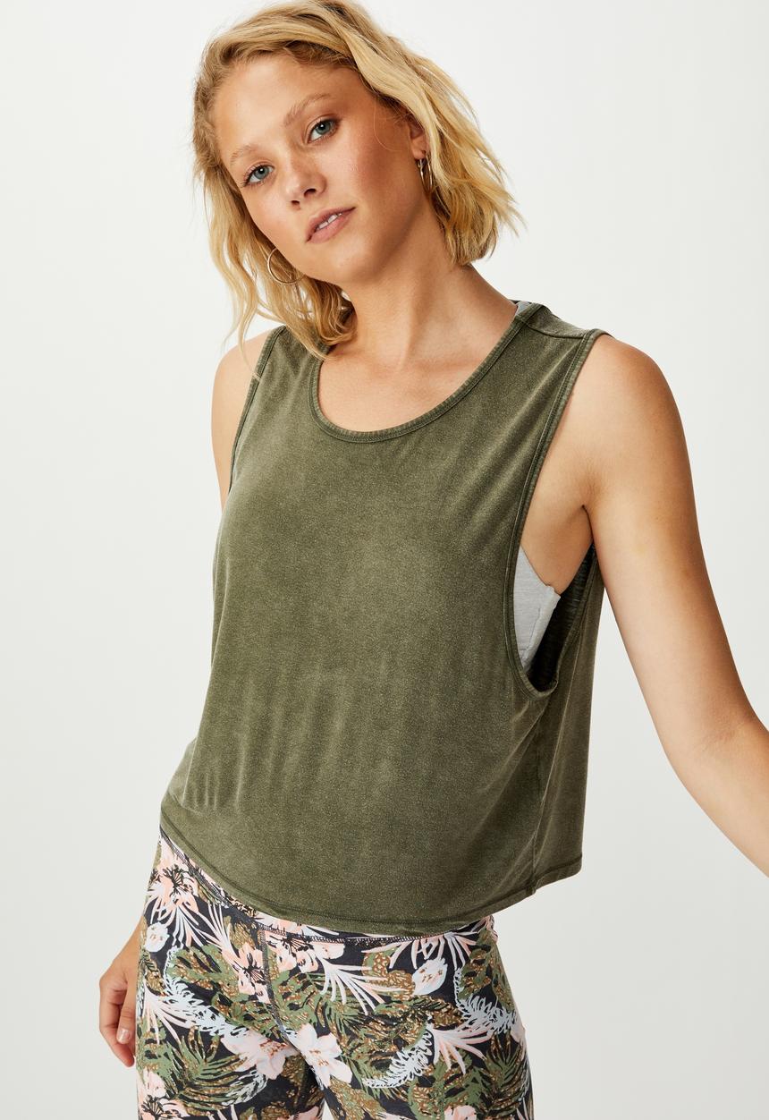 Cotton On - Cropped keyhole washed tank top - khaki
