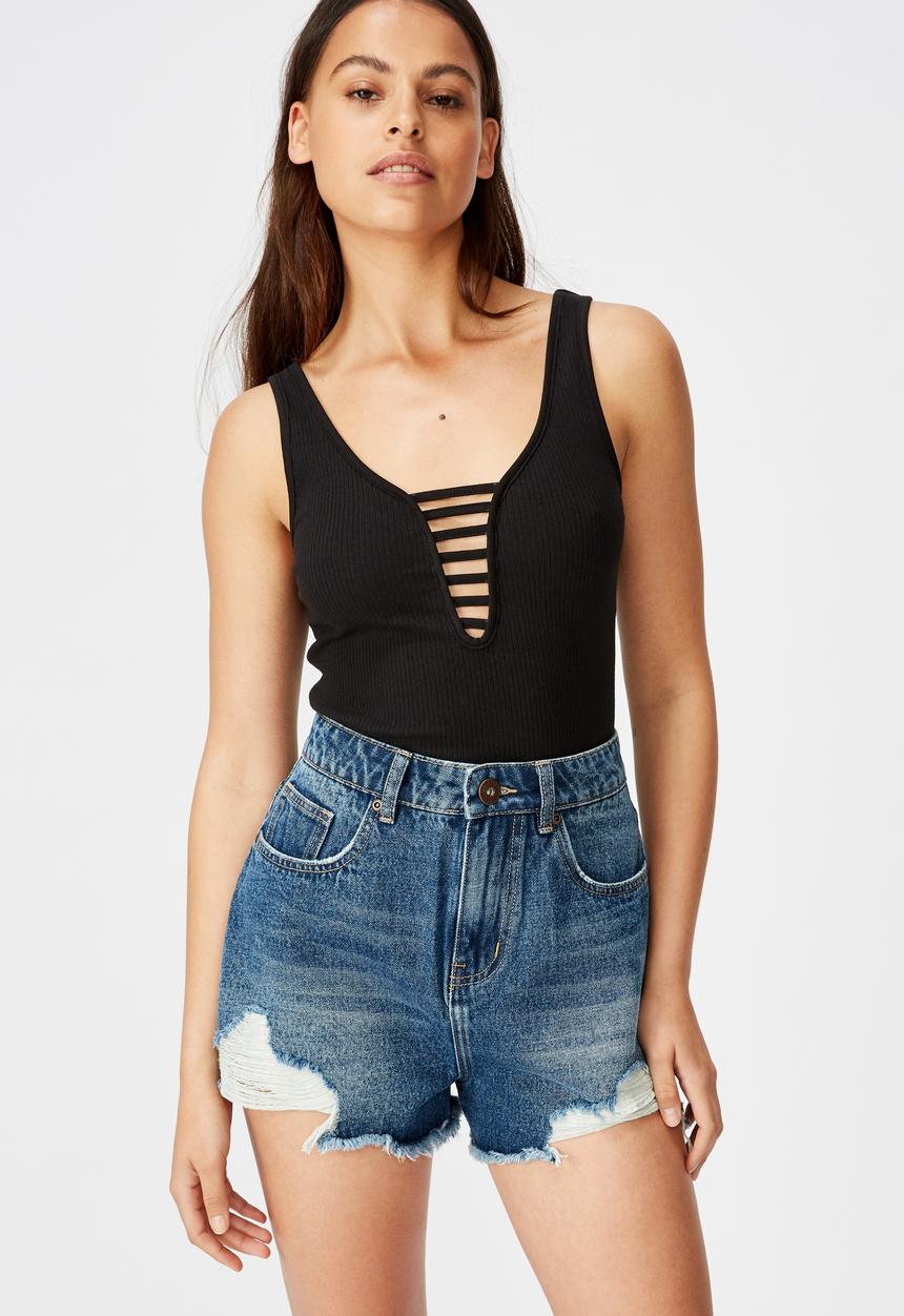 Factorie - High rise denim shorts - distressed deep blue