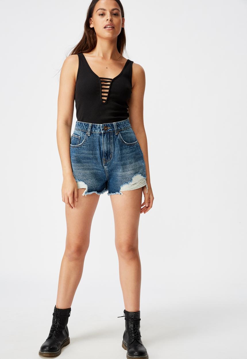 Factorie - High rise denim shorts - distressed deep blue